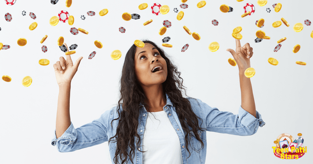 A woman showering in Chips and Rupees coin in Win in Teen Patti Quest Bonus