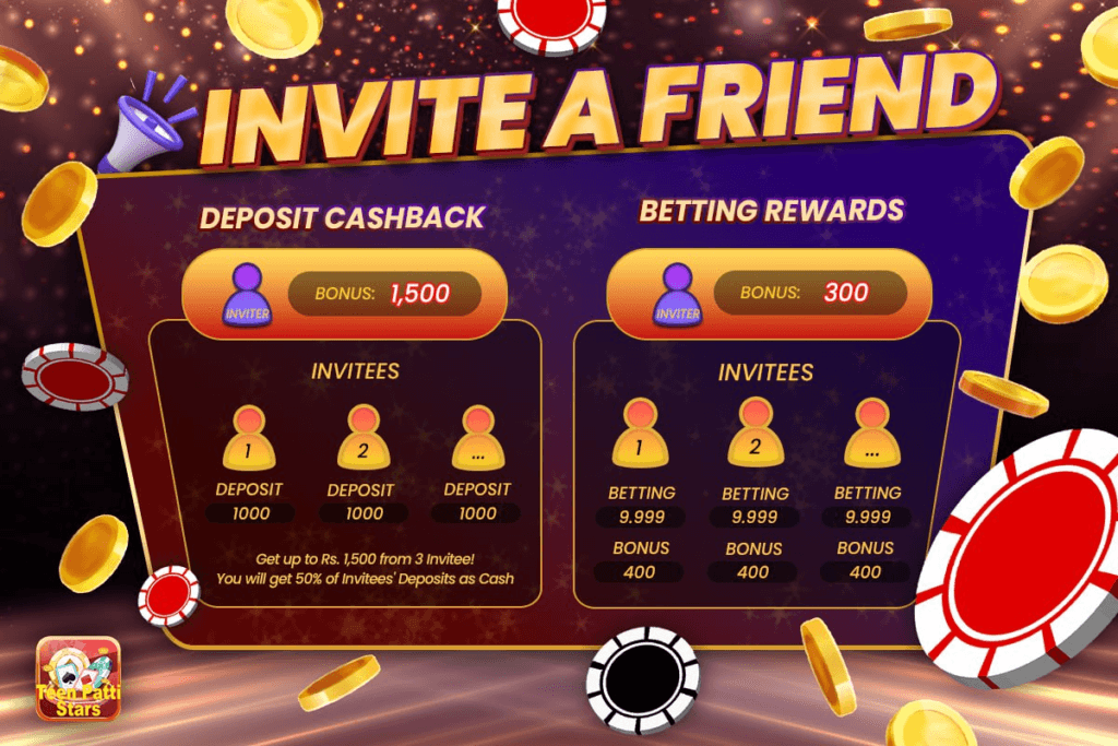 Refer a Friend and Enjoy one of the 6 activity Bonus in Teen Patti Stars, another ways to earn.